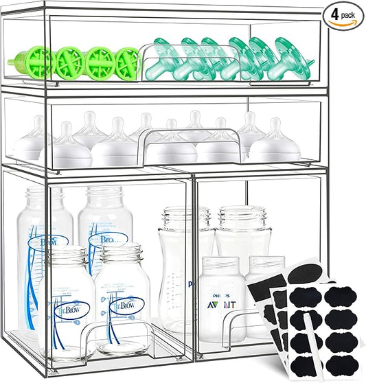 Baby Bottle Organizer, 4 Pack Stackable Storage Drawers with Labels, Clear Station Organizers Container for Pacifiers, Pump Parts, Desk Organizer Bins for Bathroom, Cabinet, Pantry, Vanity, Countertop