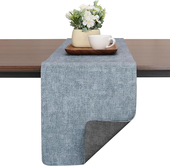 Table Runners 94 Inches Long, Dual-Sided Faux Leather Farmhouse Table Runner Waterproof Heatproof Non-Slip for Living Room Party Home Decor Holiday Decorations(Gray Light Blue, 15 x94 Inch)