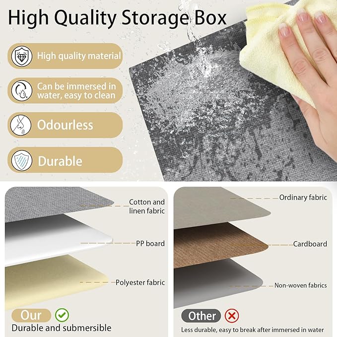 Yawinhe Collapsible Storage Boxes, Foldable Bin with Lids, Cube Clothes Organizer Basket with Handles, Grey, 13.0''Lx9.0''Wx7.9''H, 3-Pack, SNK024GS-3