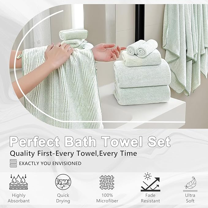 8-Piece Premium Towel Set for Bathroom|2 Oversized Large Bath Sheet,2 Hand Towels,4 Washcloths|Soft Cozy Highly Absorbent Fast Dry Microfiber Shower Towel Set for Hotel Bathroom Essentials,Green White