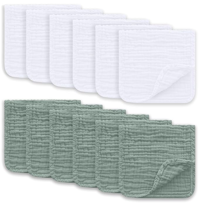 Muslin Burp Cloths Large 100% Cotton Hand Washcloths for Boys & Girls, Baby Essentials Extra Absorbent and Soft Burping Rags for Newborn Registry (White & Green, 12-Pack, 20" X10")