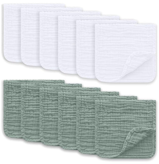 Muslin Burp Cloths Large 100% Cotton Hand Washcloths for Boys & Girls, Baby Essentials Extra Absorbent and Soft Burping Rags for Newborn Registry (White & Green, 12-Pack, 20" X10")