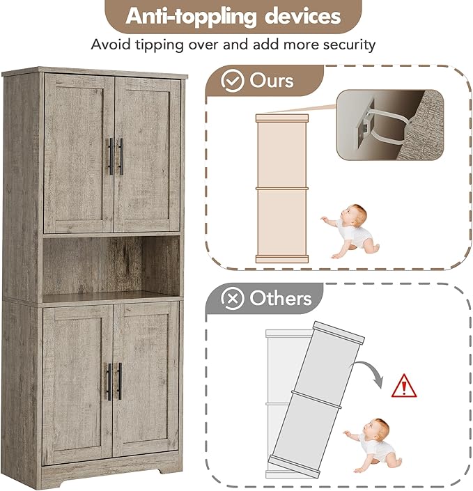 IDEALHOUSE Pantry Cabinet,70" Tall Kitchen Pantry Cabinet with Doors and Adjustable Shelves, Freestanding Cupboard, Tall Storage Cabinet for Bathroom, Dining Room, Living Room，Gray