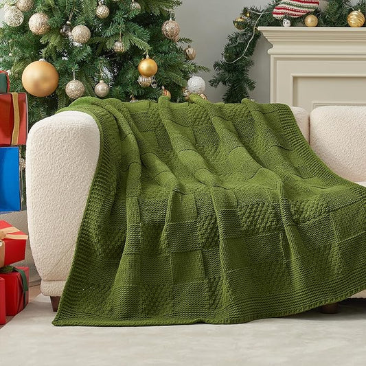 Amélie Home Checkered Chenille Knit Throw Blanket for Couch, Classic Texture Decorative Soft Blanket for Sofa, Chair & Bedroom, 50"x60", Olive Green
