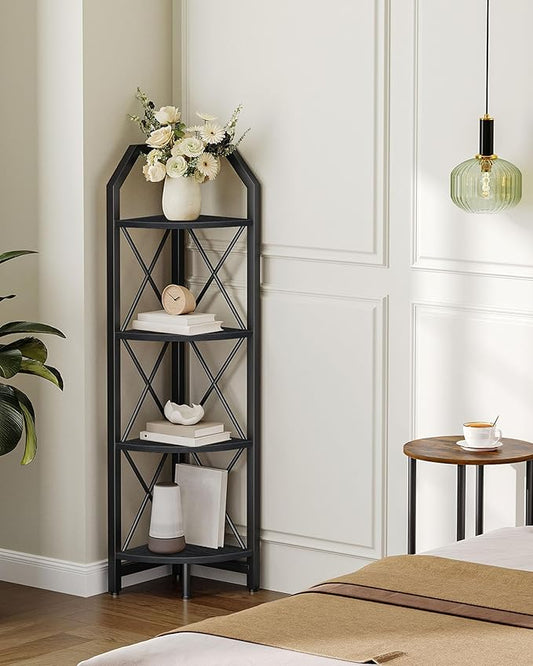4-Tier Corner Shelf, Industrial Corner Bookshelf, 47.6" Corner Storage Stand, Plant Stand Display Shelf, Corner Bookcase for Bedroom, Living Room, Home Office, Black TCJ09BB