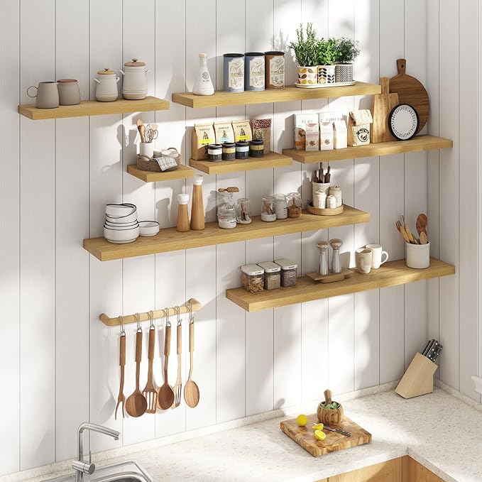 8 Inch Square Floating Shelves for Wall 3 Pack, 8"D Wood Grain Bathroom Shelves with Invisible Brackets, Easy Install Engineered Wood Storage Shelves for Kitchen, Living Room, Bedroom, Oak Finish
