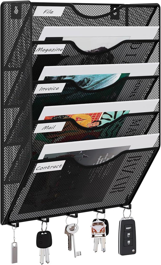 EasyPAG 5 Pocket Mesh Wall File Organizer with Key Hooks, Hanging Paper Folder Holder with Classify Label, Vertical Wall Mount Mail Organizer for Office Home Classroom, Black