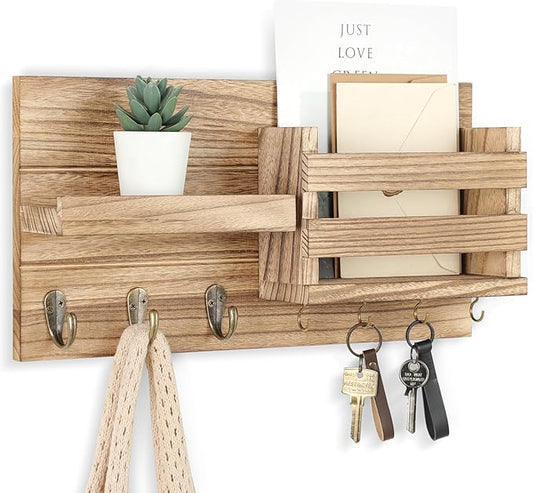 Mail Organizer for Wall Mount – Key Holder with Shelf Includes Letter Holder and Hooks for Coats, Dog Leashes – Rustic Wood with Flush Mounting Hardware (16.5” x 8.7” x 3.5”) (Wood)