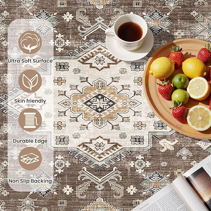 Vintage Living Room Area Rug 3x5 - Large Soft Washable Oriental Traditional Distressed Farmhouse Rugs for Bedroom - Indoor Floor Accent Carpet for Home Office House Decor - Dark Brown