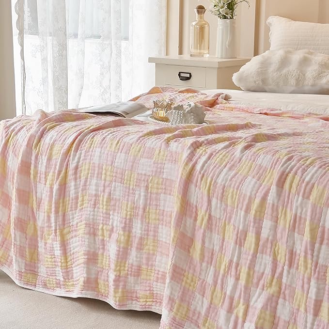 Ultra Soft Cozy 6-Layer Muslin 100% Cotton Checkered King Bed Blanket Breathable Lightweight Checkboard Bed Blankets Decorative for Sofa Bed All Seasons Both Sides (Mix, King 90" 104")