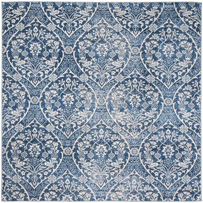 SAFAVIEH Brentwood Collection Area Rug - 5' Square, Navy & Light Grey, Floral Damask Ogee Trellis Design, Non-Shedding & Easy Care, Ideal for High Traffic Areas in Living Room, Bedroom (BNT860M)