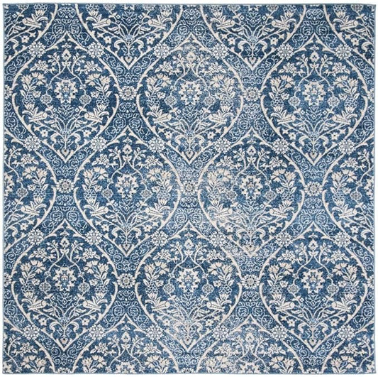 SAFAVIEH Brentwood Collection Area Rug - 5' Square, Navy & Light Grey, Floral Damask Ogee Trellis Design, Non-Shedding & Easy Care, Ideal for High Traffic Areas in Living Room, Bedroom (BNT860M)