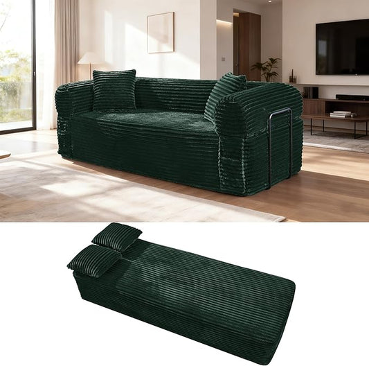 83'' Boneless Couch in A Box, No Assembly Needed Sofa Bed Couch 3 Seater Corduroy Modern Cloud Sofa 29'' Deep Seat with 2 Pillows & Removable Backrest for Living Room, Bedroom, Apartment, Dark Green | No Assembly Needed, High Density Foam, Removable Ba...