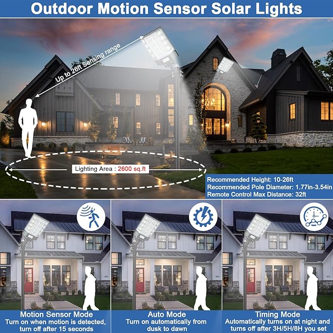 Solar Street Lights Outdoor Waterproof, 8000W Solar Flood Light with Motion Sensor Dusk to Dawn Commercial Parking Lot Light