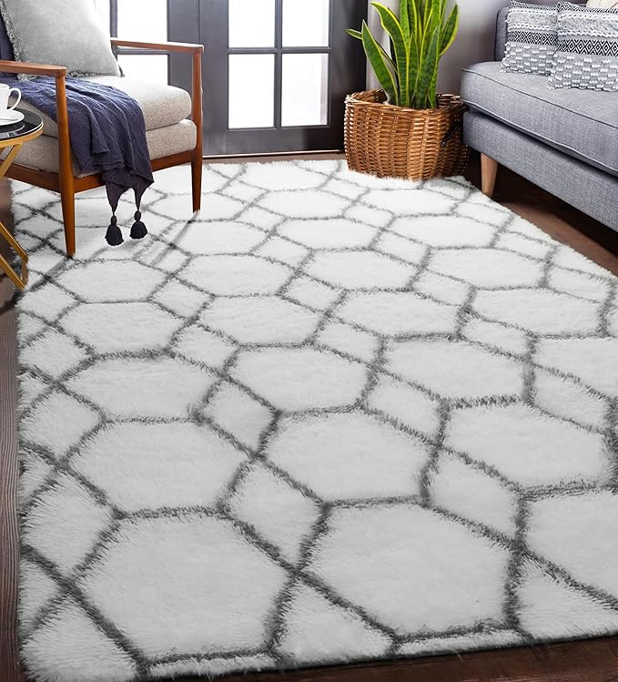 ONASAR Area Rugs for Living Room, 5x8 Fluffy White and Grey Rug for Bedroom, Geometric Moroccan Indoor Shaggy Boho Soft Plush Floor Carpet for Kids Teen Nursery Dorm Home Decor Aesthetic