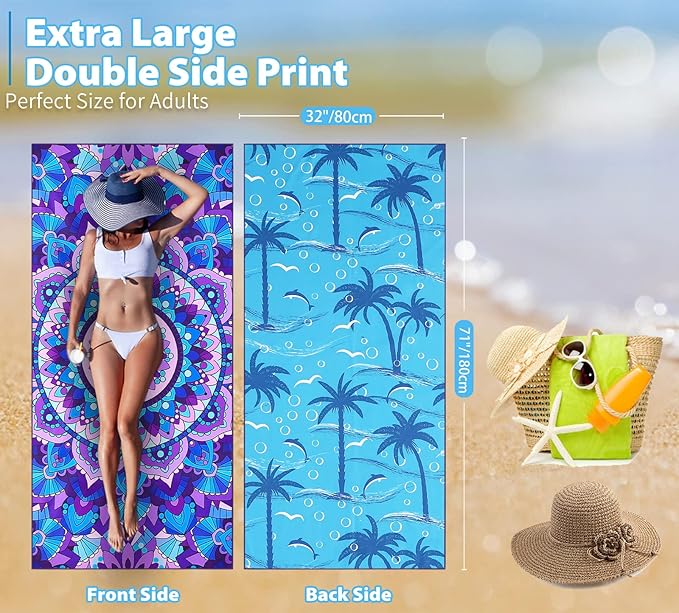 Microfiber Sand Free Beach Towel Thin Quick Dry Super Absorbent Oversized Large Lightweight Towels for Travel Sports Pool Swimming Bath Camping Yoga Girls Women Adults