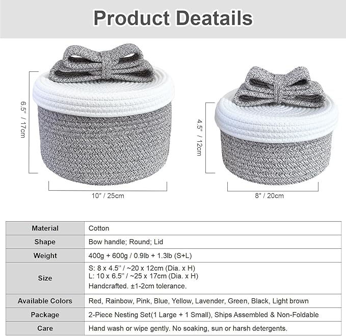 Small Decorative Baskets with Lids, Woven Rope Storage Basket with Lid for Home Decor; Small Boho Storage Basket, Bin and Box for Living Room, Bathroom, Bedroom or Shelf (grayish-brown)