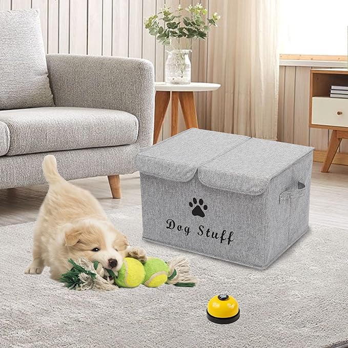 Geyecete Large Storage Boxes - Large Linen Fabric Foldable Storage Cubes Bin Box Containers with Lid and Handles for Dog Apparel & Accessories, Dog Toys(Snow Grey)