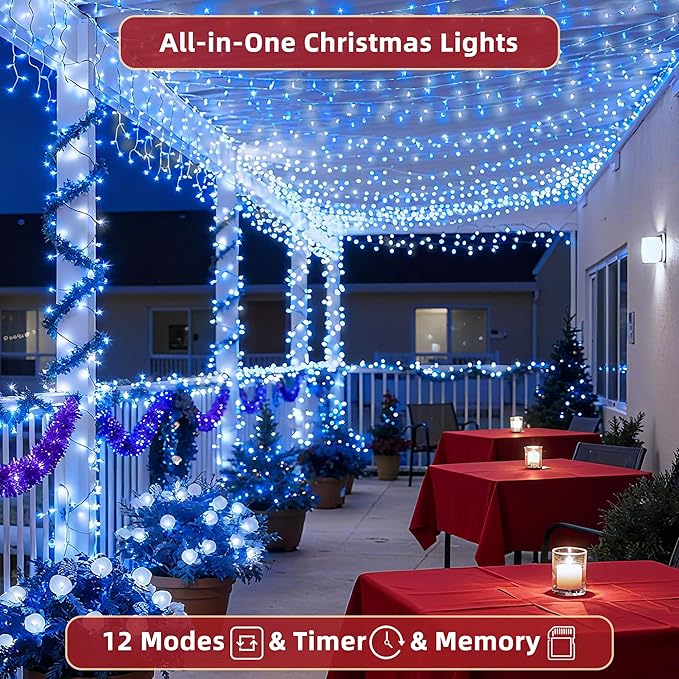 470ft Outdoor Christmas Lights, 1500 LED Super Long String Lights 12 Modes & Timer Memory, Dimmable Outsite Waterproof Light Strings for Xmas Tree Garden Wedding Party Holiday Decorations Blue&White