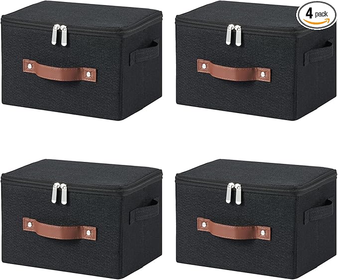 4 Pack Storage Bins with Zipper Lid Cotton Linen Fabric Lidded Storage Baskets Boxes Foldable Washable Closet Shelf Clothes Organizer Container with PU Leather Handles (Black, Small)