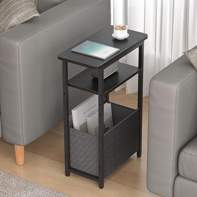 Narrow Side Table Set of 2, Skinny End Tables with Fabric Basket, Small Side Tables for Small Space,2-Tier Open Shelves with Basket, Slim Nightstands Set 2 for Bedroom,Livinroom,Office, Black