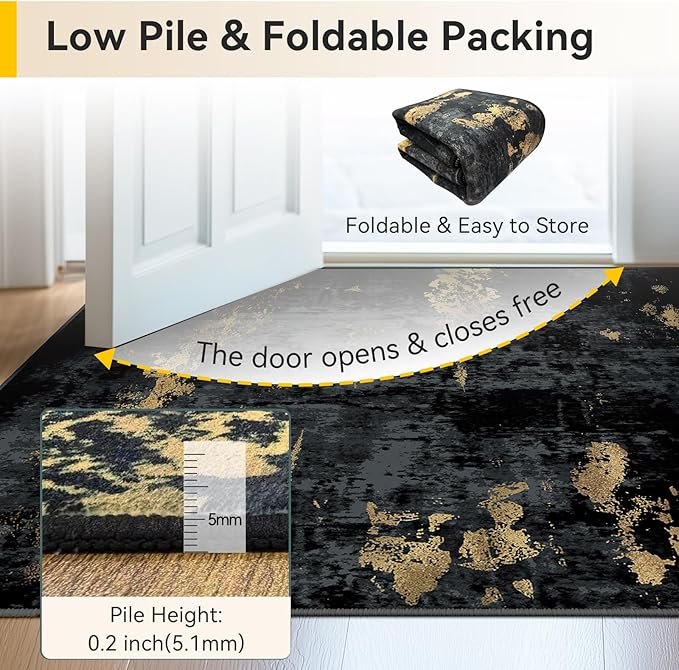 Washable Area Rugs 2x7 Non-Slip Modern Abstract Soft for Living Room Entryway Bedroom Nursery, Print Pattern, Dark Black Gold