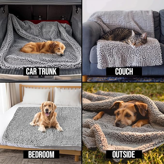 Muddy Mat® Dog Blanket - Chenille Water Absorption Blanket for Bed & Couch Cover for Dogs Washable, Anti-Slip Soft and Durable Furniture Protector for Dogs - Grey 52"x72"