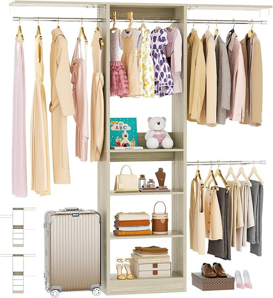 48" Closet Organizer System, 4FT Closet System for Small Closets with 4 Hanging Rods & 3 Shelves, 80"H Small Closet Organizers and Storage for Bedrooms, Cloakrooms, White Oak