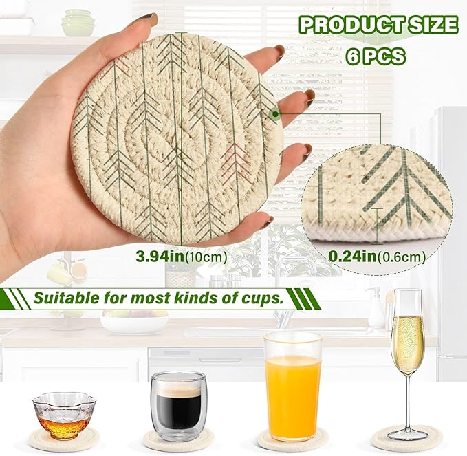 Handmade Cotton Absorbent Coaster Set of 6, Christmas Geometric Trees Drink Coasters, Minimalist Home Decor for Coffee Table, Kitchen, Housewarming and Wedding Registry Ideas