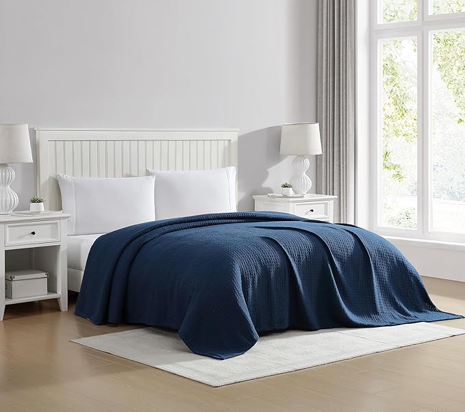 Beatrice Home Fashions Grand Hotel Lightweight All-Natural 100% Cotton Waffle Weave Blanket, King, Navy