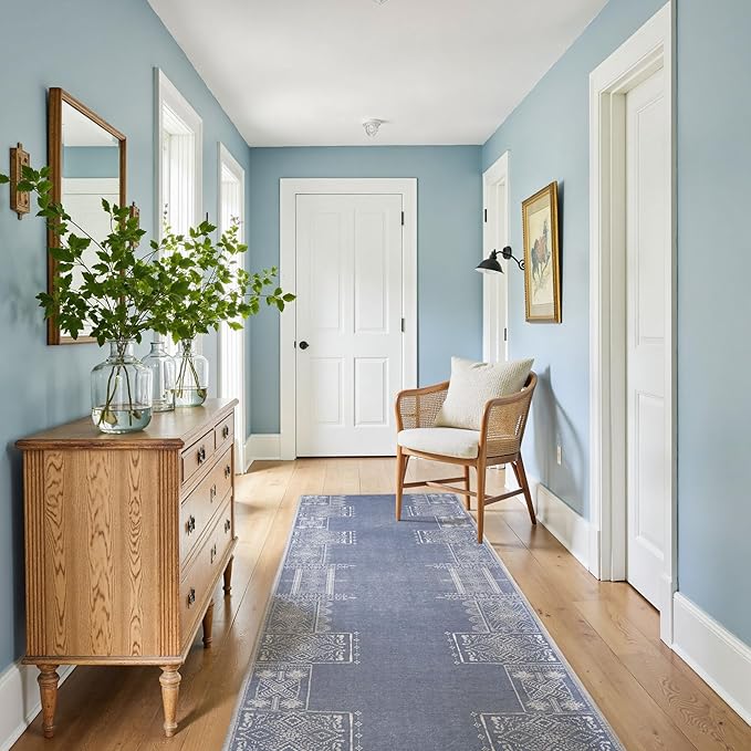 NICETOWN Blue Runner Rug for Hallway Non Slip - 2x6 Carpet Thin Washable Geometric Washable Rug Kitchen Throw Carpet for Kitchen Bedroom Laundry Room, Stone Blue