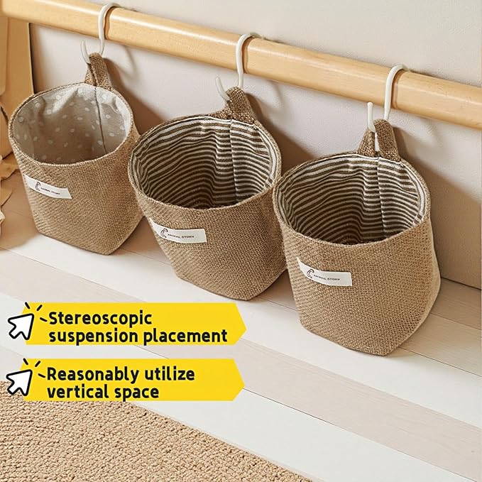 Washable Cotton Linen Hanging Organizer Bag for Door Wall Bedside | Washable Storage Pockets | Space Saving ，Reusable Closet Organizer (2Pack) (Deep blue stripes+yellow dots)