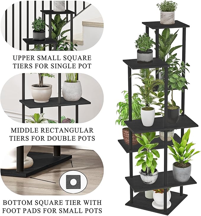 Plant Stand Indoor 7-Tier Metal Wood Plant Shelf for Multiple Flower Pots Corner Tall Flower Holders for Living Room Balcony Bedroom, Black