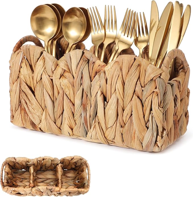 Scalloped Small Water Hyacinth Basket Caddy Party Cutlery Utensil Holder Hand Woven Rattan Basket Divided Cutlery Holder with Handles Kitchen Countertop Picnic Flatware Organizer for Shelves