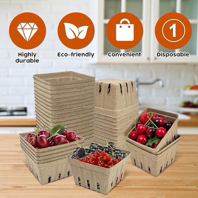 30 Pcs Natural Pulp Fiber Berry Basket, Molded Berry Basket Produce Vented Container for Strawberry Blueberry Raspberry and Vegetable Small Farmer Market Grocery Stores, Backyard Party 4.3x4.3x2.8inch