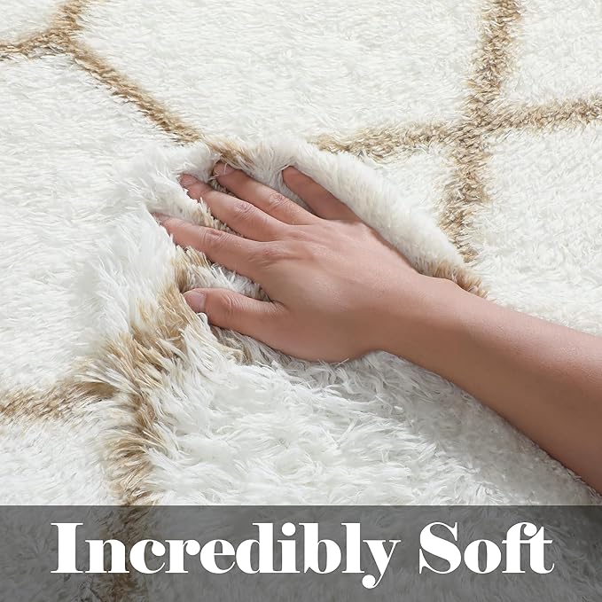 ONASAR Large Area Rugs for Living Room, 7x10 White and Beige Bedroom Rug, Geometric Boho Soft Plush Shaggy Fuzzy Floor Carpet Mat for Nursery Kids Girls Boys Teen Dorm Home Decor