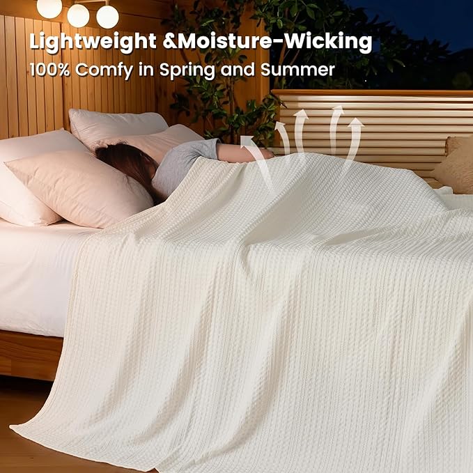 PHF Lightweight Waffle Weave Blanket Queen Size 90"x 90", Soft Woven Summer Blanket for Hot Sleepers - Aesthetic Home Decor for Couch Bed Sofa, Pet Friendly, Cream