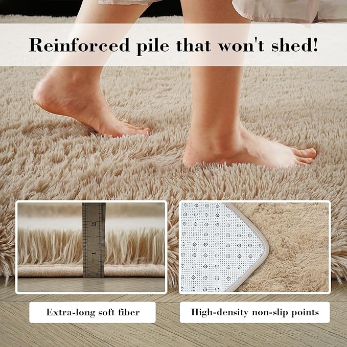 Fluffy Rug Shaggy Area Rug, Beige 9x12 Area Rugs for Living Room, Large Shag Area Rugs for Bedroom Kids Room Home Decor, Upgrade Anti-Skid Rectangular Fuzzy Rugs