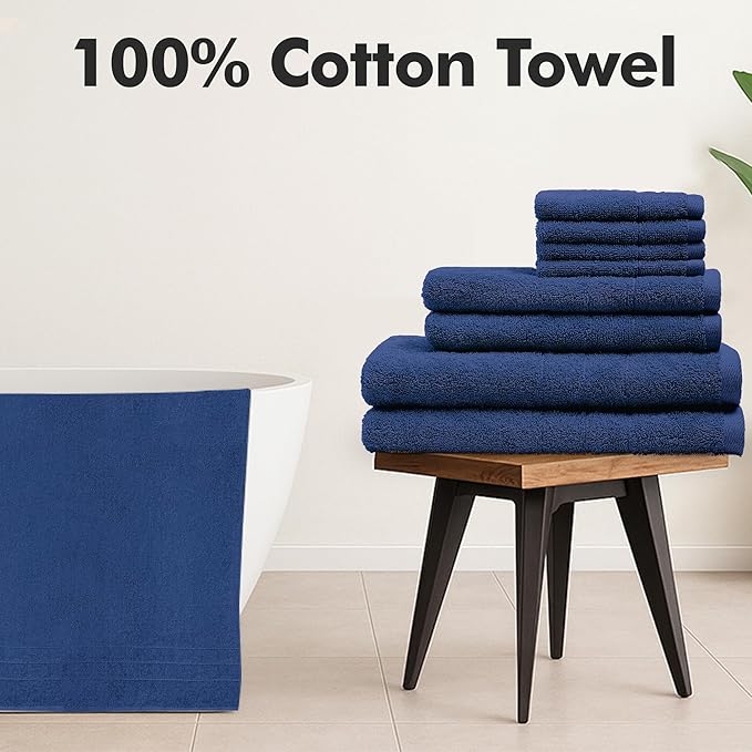 Bath Towels Set of 8 – 100% Cotton (Royal Blue) Bathroom Towel Set Bale Includes 2 Bath, 2 Hand, 4 Face Towels – Soft, Absorbent & Quick Dry Towel for Bathroom, Spa, Kitchen, Hotel Use
