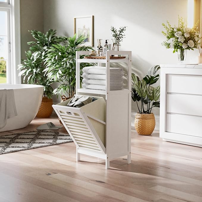 Tilt-out bamboo laundry hamper with removable fabric liner basket
