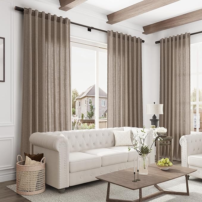 Joywell Light Brown Back Tab Rod Pocket Linen Curtains 102 Inches Long 2 Panels for Living Room Bedroom Neutral Boho Farmhouse Rustic Light Filtering Semi Sheer Curtains Window Treatment 52x102