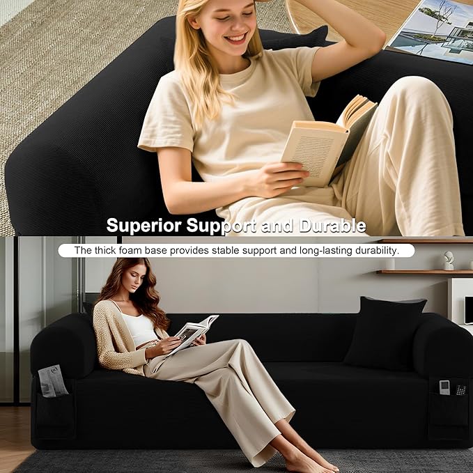 83'' Boneless Couch 3-Seater Floor Sofa No Assembly Needed Corduroy Small Couch for Living Room, Cloud Sofa with 2 Pillows & Storage Bag Couches in A Box for Office, Black