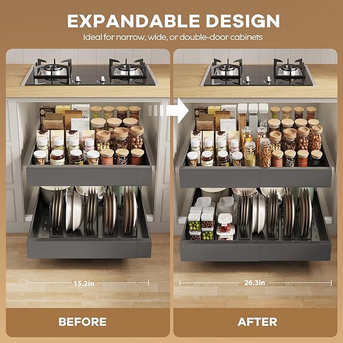 2 Pack Pull out Cabinet Organizer 21" Deep With Raising Pad for Framed Cabinets,Expandable (15.2"-26.3"W) Slide out Drawers for Kitchen Cabinets with 4pcs Divider Racks,Roll out Shelves,Black