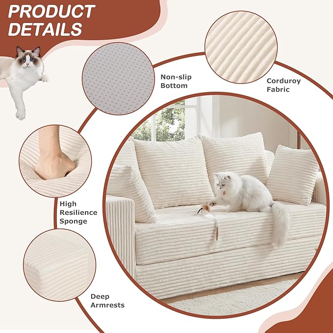 Convertible Sofa Bed, 5 in 1 Small Boneless Couch Pull Out Loveseat Sleeper Sofa,Corduroy Futon Couch Folding Mattress with 4 Pillows for Living Room Bedroom Lounge (No Assembly)