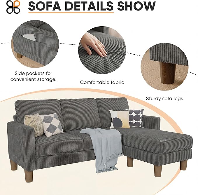L Shape Sectional Sofa Couch, 3 Seat Convertible Sofa with Movable Ottoman and Side Storage Pockage, Modern Sofa Small Couches for Living Room & Apartment and Small Space (Corduroy, Dark Grey)