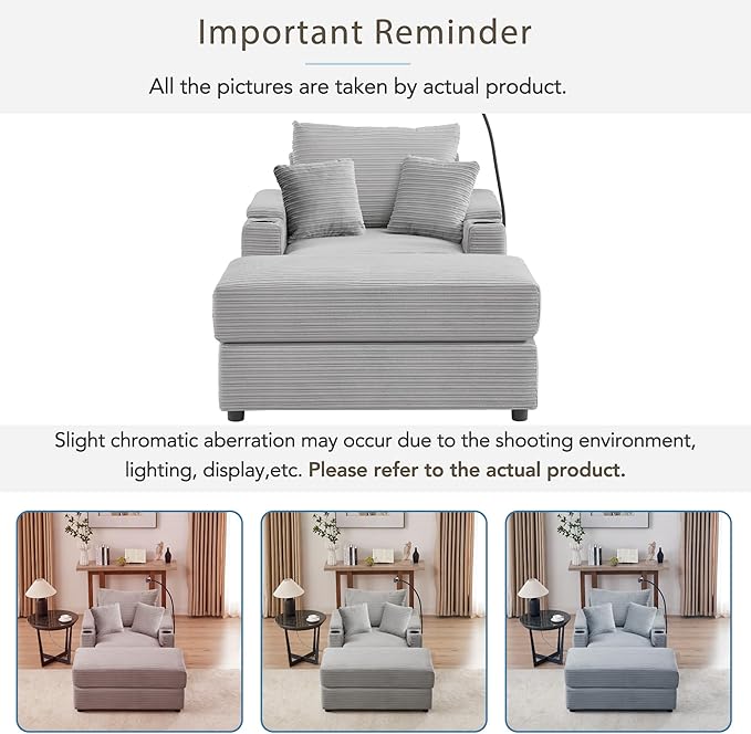 Merax Modern 41.7" Chaise Lounge with Pillows, Charge Station & Cup Holders,Upholstered Sofa Recliner Chair with Ottoman for Living Room Bedroom Gray