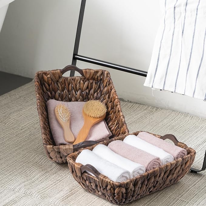 FairyHaus Wicker Storage Basket with Wood Handles, 2Pack Brown Wicker Basket for Organizing, Hand Woven Dark Brown Water Hyacinth Baskets for Storage 14.96x10.04x4.73"
