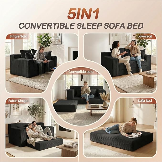 5 in 1 Convertible Sofa Bed,Small Boneless Couch Pull Out Loveseat Sleeper Sofa,Corduroy Futon Couch Folding Mattress with 4 Pillows for Living Room Bedroom Lounge (No Assembly)