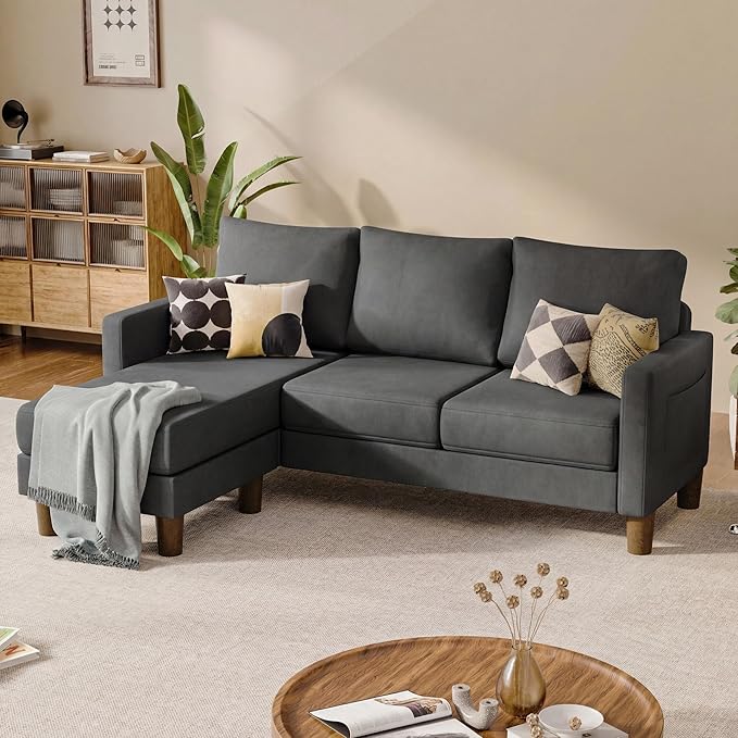 JUMMICO L Shape Sectional Sofa Couch, 3 Seat Convertible Sofa with Movable Ottoman and Side Storage Pockage, Modern Sofa Small Couches for Living Room & Apartment and Small Space (Linen, Deep Grey)