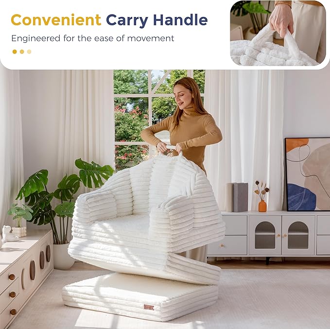 MAXYOYO Folding Sofa Bed, 2 in 1 Convertible Sofa to Lounger Comfy Faux Fur Bean Bag Chair for Adults, Floor Single Sleeper Couch Chair with Handle, Couch Bed for Living Room Bedroom, Beige